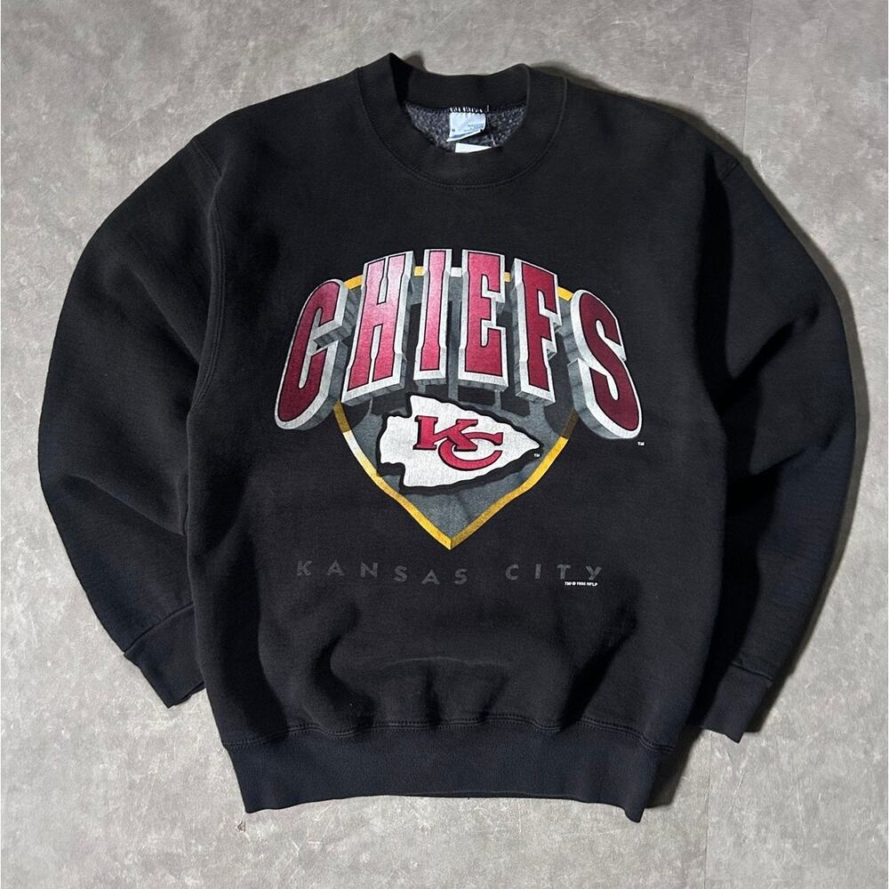 90's Vintage Kansas City Chiefs Big Print Black Crewneck -M